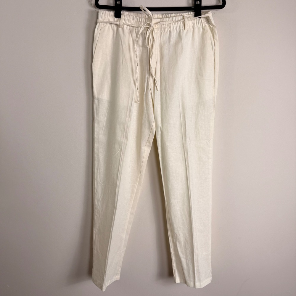 Cream 100% Linen Straight Leg Pants Coastal Summer Trousers Womens Medium